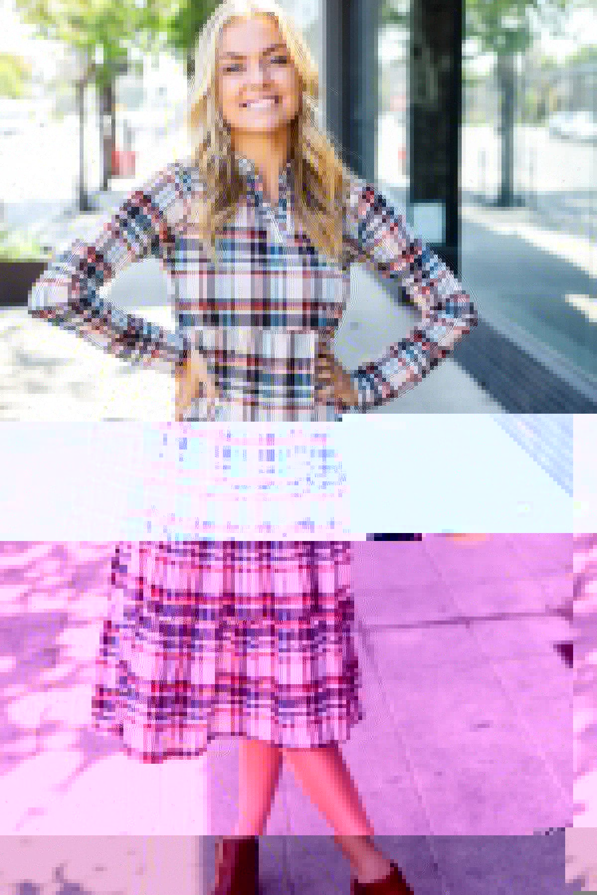 Feeling Joyful Taupe Plaid Notched Neck Tiered Dress